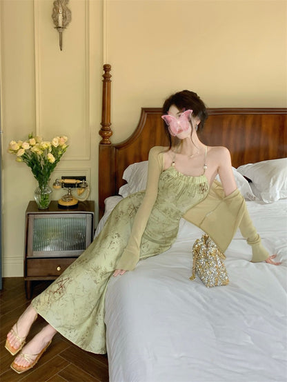 Gentle waist sling dress women's summer new Chinese style national style retro a-line skirt floral temperament long skirt