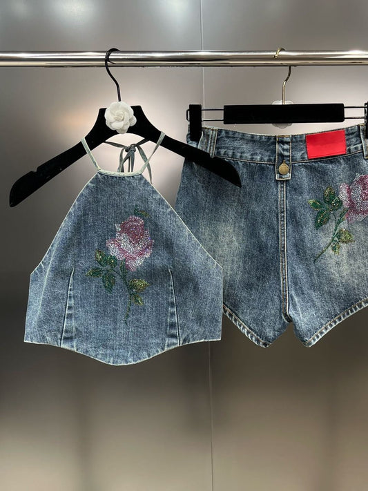Net red grapefruit MM2023 summer neck rope diamond rose vest with short sweet cool wind denim suit