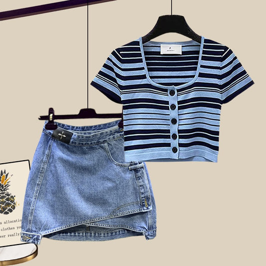 This year's popular fashion casual suit half-length denim skirt new striped top short-sleeved summer female two-piece suit