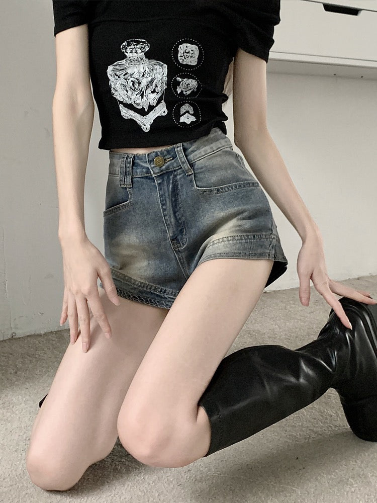American retro hot girl pants blue washed old jeans women's summer high waist thin hot pants super shorts tide
