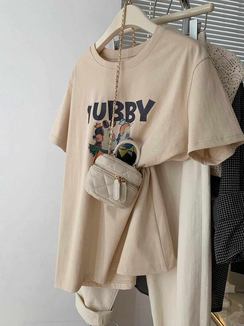 American retro printed round neck shoulder t-shirt women's summer design sense niche loose T-shirt half-sleeved cotton top