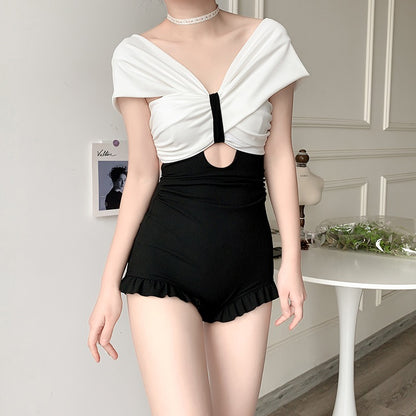 One-piece swimsuit women's 2023 new conservative cover belly slim sexy small chest steel support high waist students hot spring swimsuit