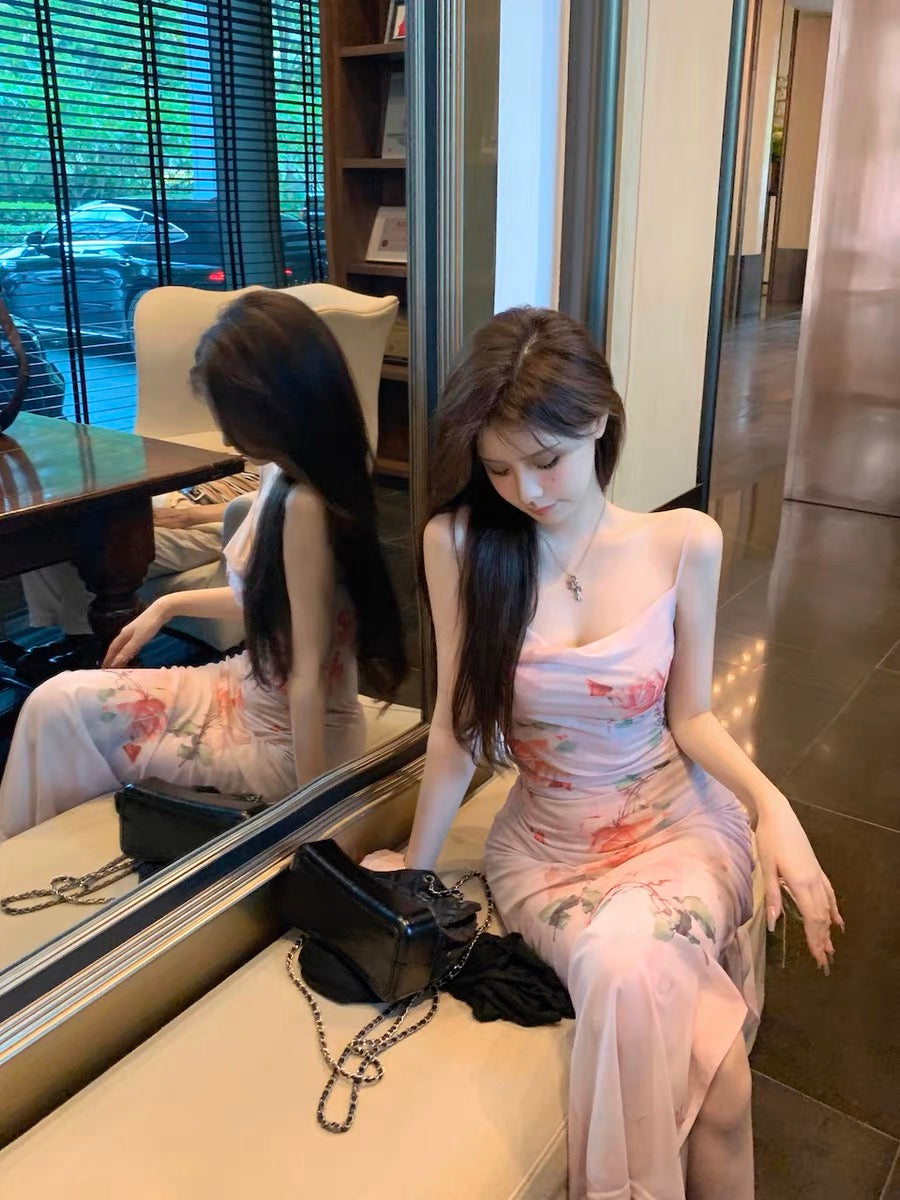 French floral sling dress female summer sweet hot girl retro skirt slit style sexy slim mid-length skirt