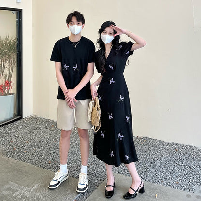 High-end couple wear summer short-sleeved T-shirt women's retro v-neck temperament flower embroidery dress one skirt one clothes tide