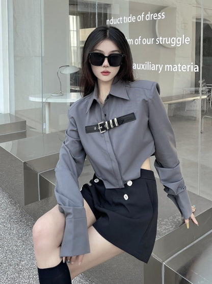 American hot girl short waist shirt women's spring design sense niche shirt coat chic top tide