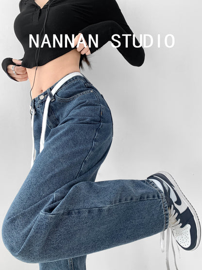 American-style printed letters drape wide-leg jeans women's retro loose slim strap high waist straight mopping pants trendy