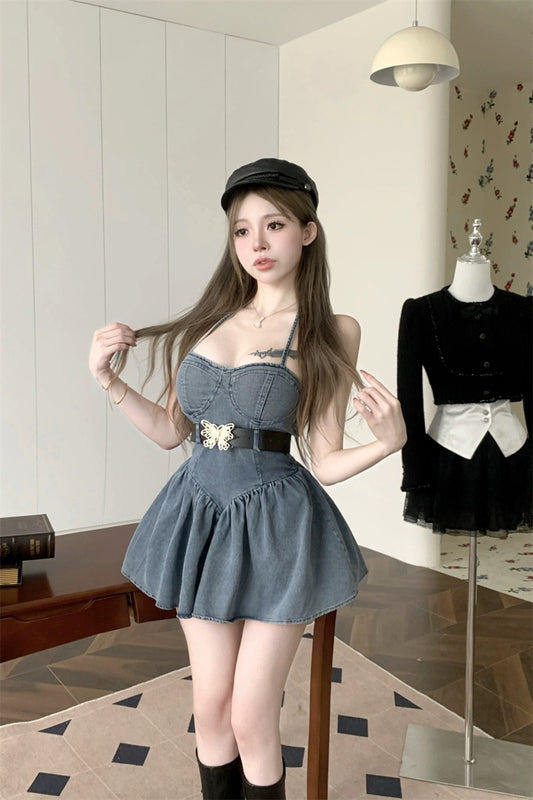 Hot girl one-shoulder tube top denim dress female summer sweet and cool retro skirt waist a-line fluffy skirt