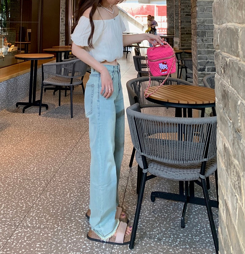 Kumikumi light blue raw-edge jeans women's summer high-waist straight-leg pants loose slim wide-leg pants long pants