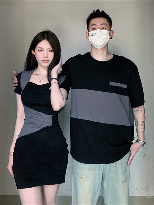 Niche design sense couple outfit summer 2023 Korean version short-sleeved T-shirt female dress French one skirt one clothes ins tide