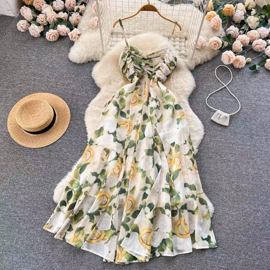 Floral sling dress women's summer dress high-end tea break French chiffon seaside holiday style temperament big swing long skirt
