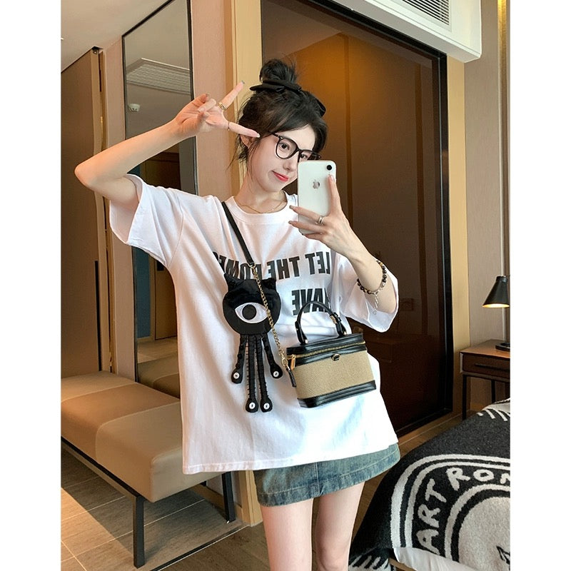White front shoulder short-sleeved t-shirt women 2023 new summer American tide brand loose slim three-dimensional doll T-shirt tide