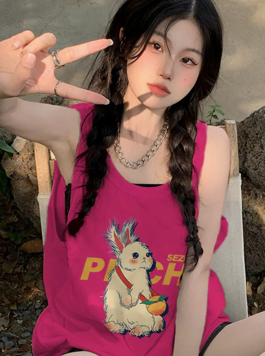 Dragon fruit color bm sleeveless T-shirt female summer loose outerwear rabbit vest French music festival wear ins top