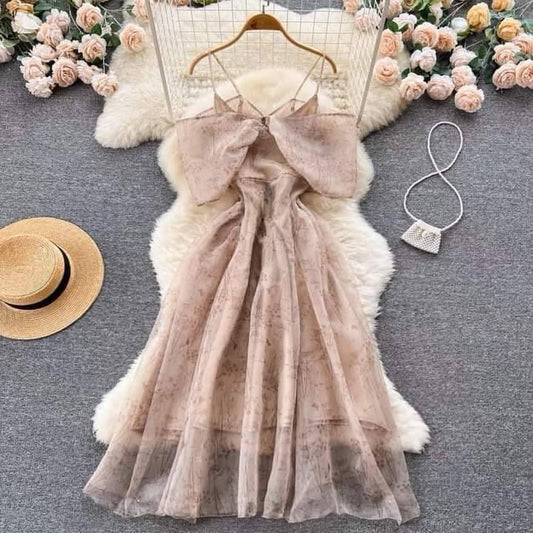 Temperament goddess fan sling dress summer women's clothing 2022 new French waist slimming printed dress skirt