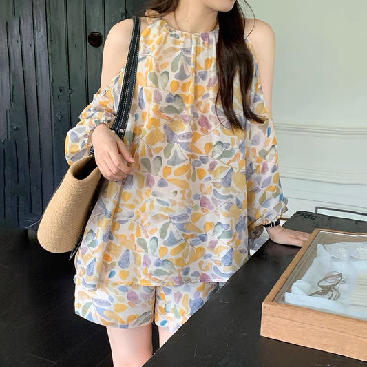 Gentle suit female retro literary print strapless shirt summer new age-reducing temperament casual wide-leg short pants