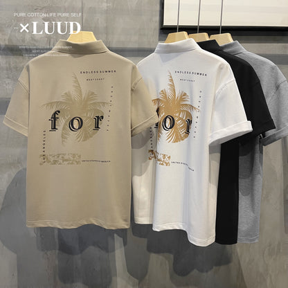 LUUD Trend Simple Coconut Leaf Print Loose Paul Shirt British Style Piqué Cotton Lapel POLO Shirt Men