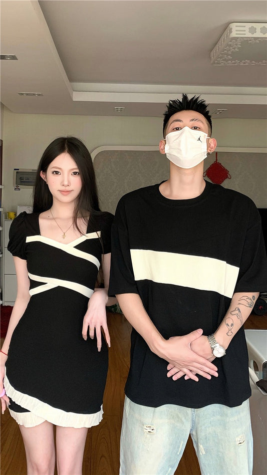 Niche design sense couple outfit summer 2023 Korean version short-sleeved T-shirt female dress French one skirt one clothes ins tide