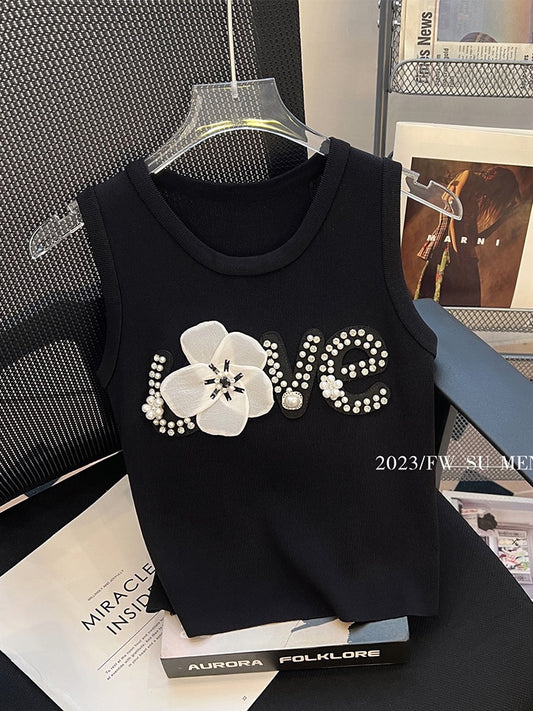 New light luxury heavy industry beading three-dimensional flower camisole women's summer small fragrance fashion high-end knitted top