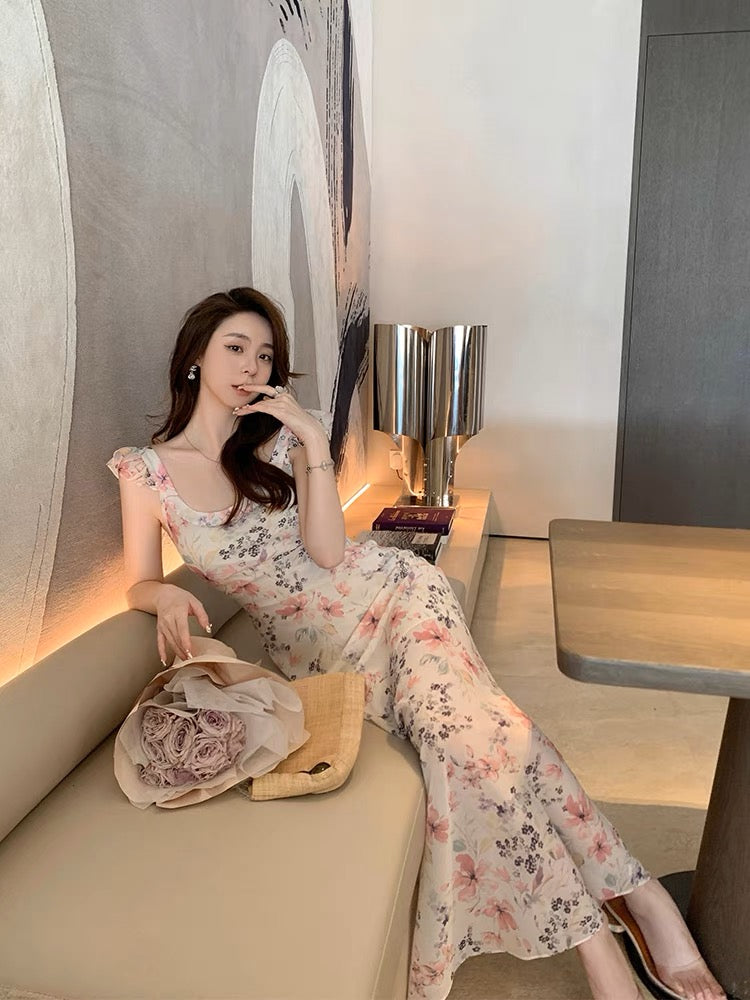 Middletone | Flower Shadow Hibiscus~Gentle Bias Cut Slim Long Large Round Neck Flying Sleeve Printed Dress