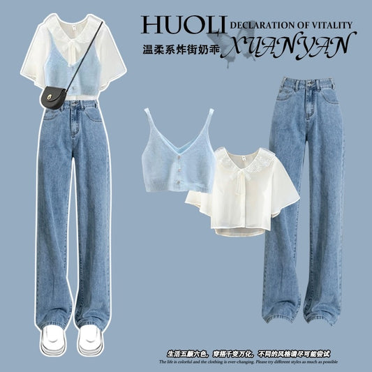 Small short-sleeved suit women's summer 2023 new style thin and meat-covering design sense niche Korean drama wear three-piece suit