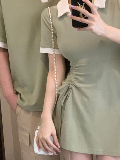 Couple outfit 2023 new summer dress one skirt one Korean casual college style V-neck dress ins short-sleeved T-shirt