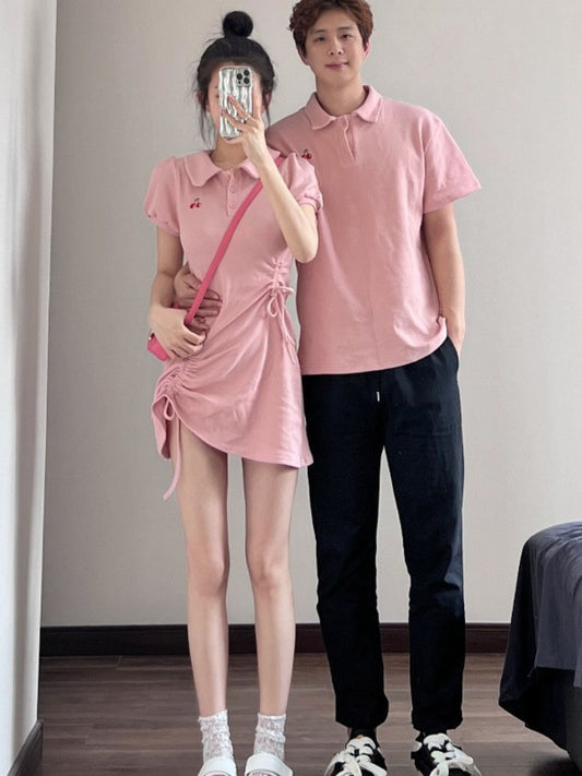 Different couple clothes summer clothes new ins couple models short-sleeved T-shirt female polo collar dress one skirt one clothes