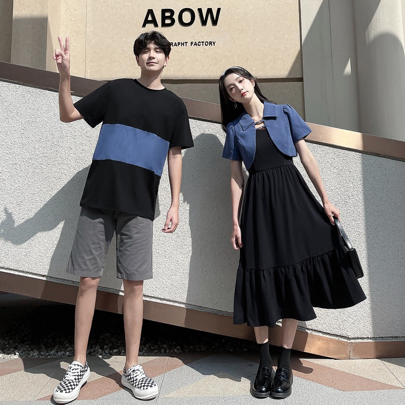 Couple wear summer dress high-end Hepburn style niche dress suit summer French retro two-piece skirt tide