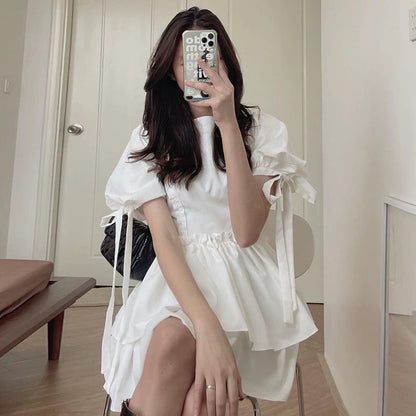 Korean chic summer foreign style age-reducing round neck ruffled high waist slimming tie puff sleeve dress short skirt female