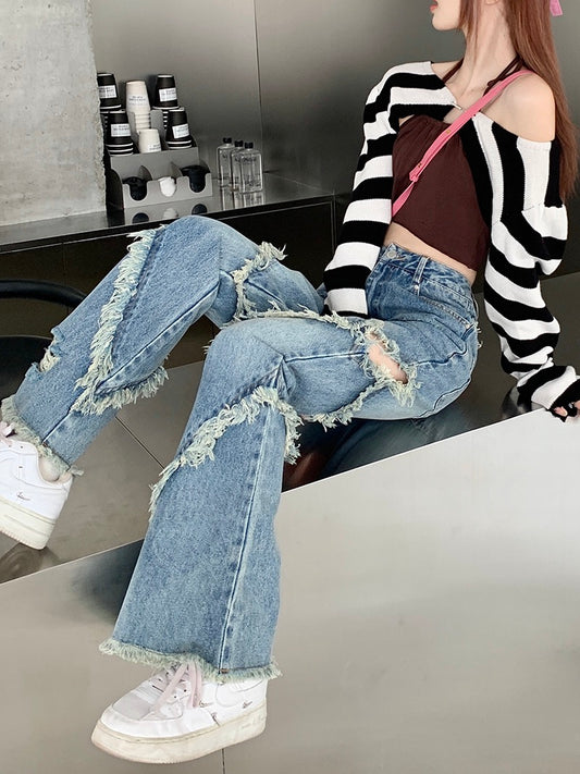 High waist design slim jeans trousers ripped micro flared trousers 2023 spring new straight trousers trousers women