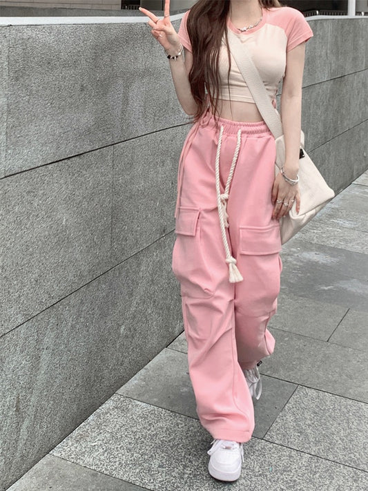 Kumikumi Sweet Cool Wind Fried Street Suit Female Spice Girl Short Lace Up Top Summer Beam Foot Overalls Two-piece Set