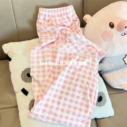 Japanese plaid Piglet pajamas women's pure cotton long-sleeved spring and autumn ins style simple small fresh home clothes