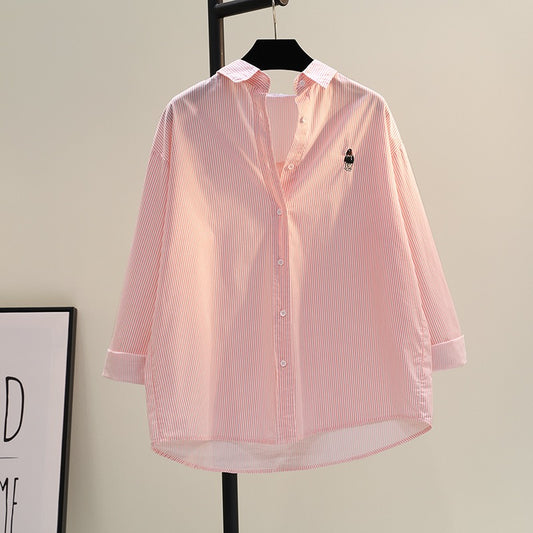 Pink vertical striped cotton shirt women 2023 spring new Korean version loose casual shirt literary top cardigan