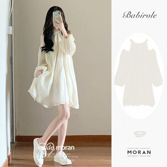 French atmosphere high-end fairy dress first love off-shoulder hanging neck dress long-sleeved tea break spring new small man