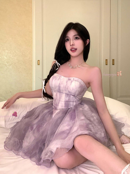 Sweet babes tie-dye tube top dress fairy summer mesh skirt sexy one-shoulder cake tutu skirt skirt