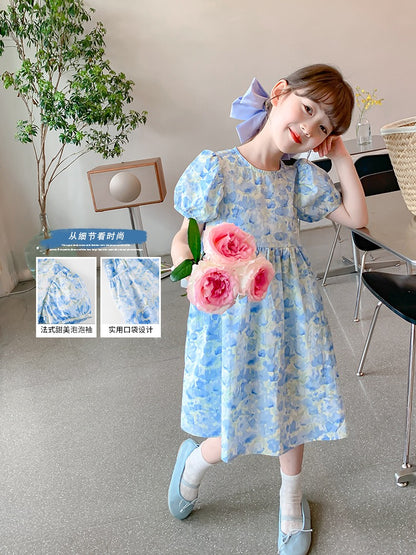Girls summer dress 2023 new foreign style children's skirt summer little girl floral puff sleeve princess dress