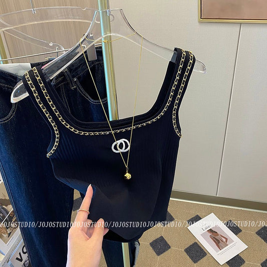 French black knitted camisole women's inner wear 2023 spring and summer new design sense unique and chic sleeveless top