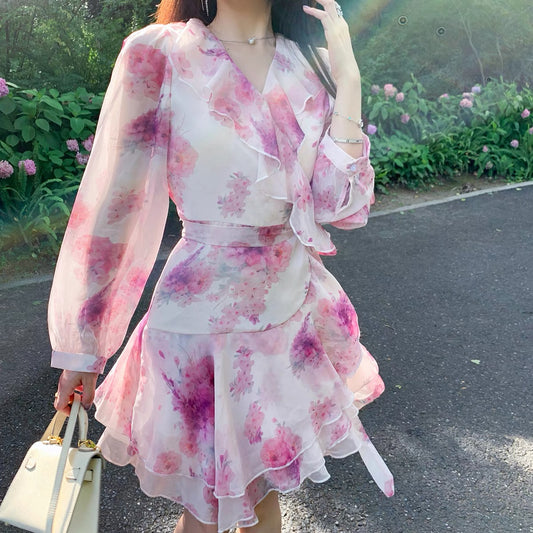 ByYou summer pink floral V-neck dress female ruffled puff sleeves waist strap irregular skirt 1141