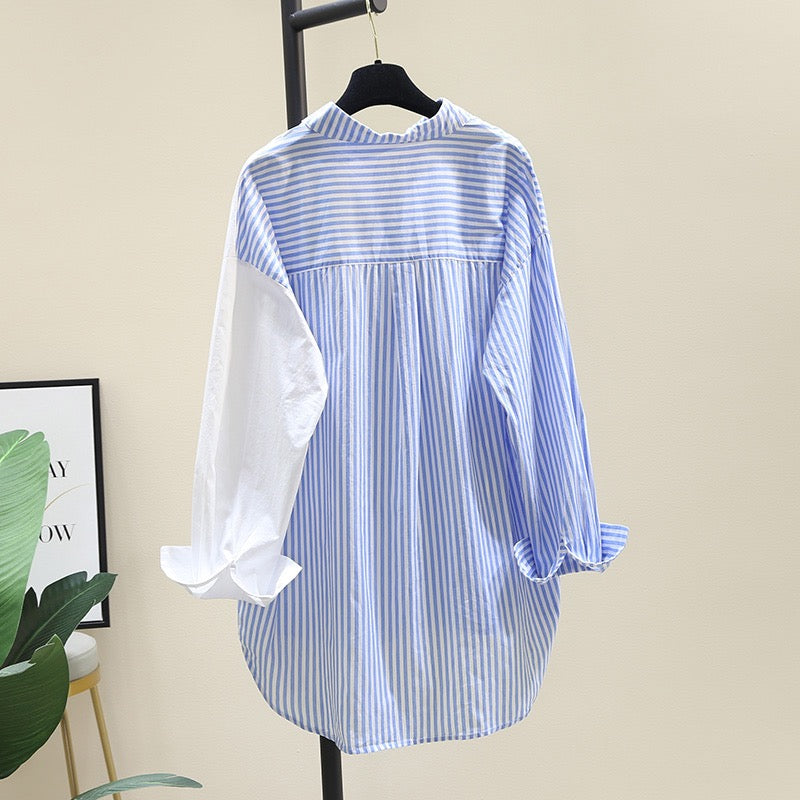 Stitching pink striped shirt women 2023 spring new Korean style design sense niche shirt sunscreen shirt thin coat