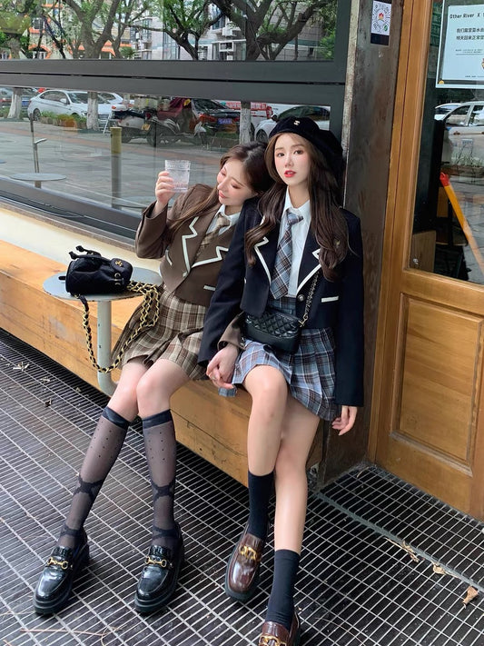 Bingbing is here丨The pure temperament JK British college style pleated skirt suit girl suit new fashion retro 1496