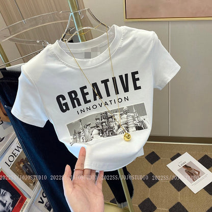 Letter printing front shoulder short-sleeved t-shirt women's summer 2023 new niche chic unique slim waist short top