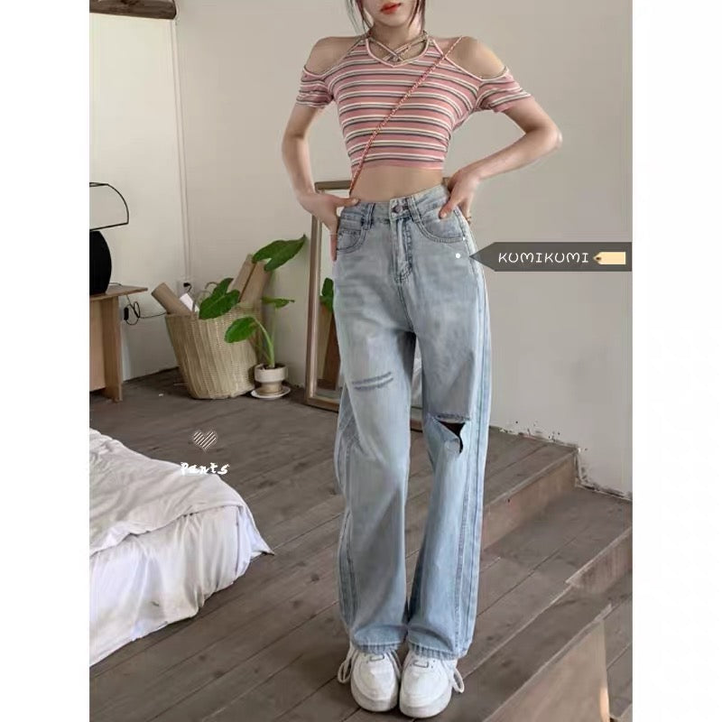 Niche fried street jeans women's thin summer high waist design wide leg pants loose mopping pants trousers pants trendy 1143