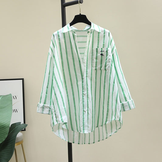 Mid-length green embroidered striped shirt women 2023 summer new Korean version loose thin shirt niche top