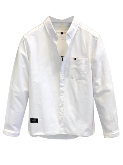 Oxford spinning high-end handsome temperament pure white shirt men's autumn Japanese all-match long-sleeved shirt men's tops
