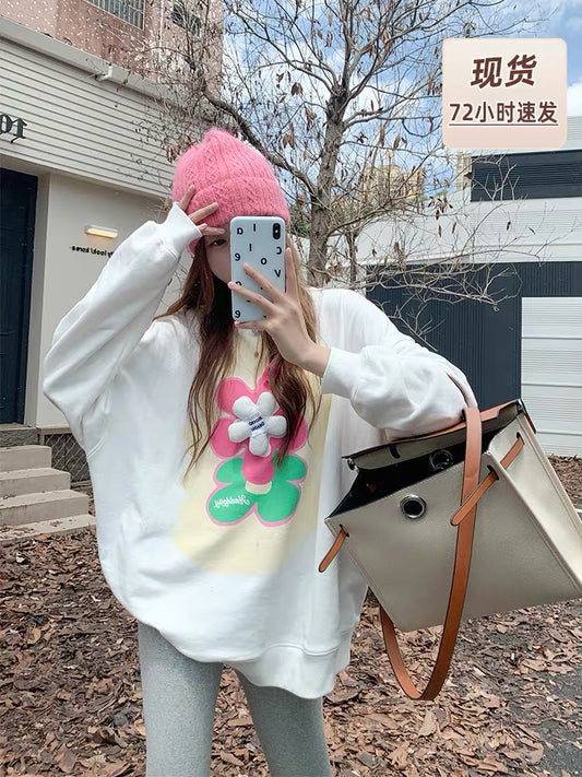 Zeng Xiaoxian white round neck long-sleeved sweater women's loose autumn and winter three-dimensional flower print design top coat