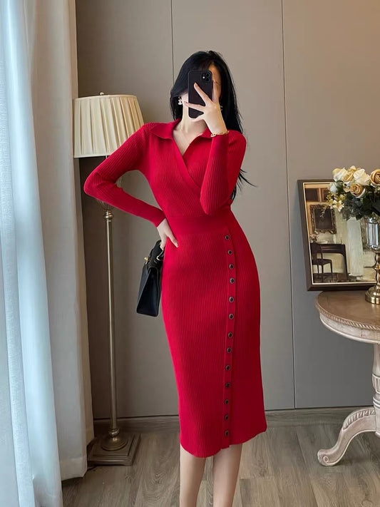 Retro knitted dress women's autumn and winter high-quality temperament high-waisted slim V-neck bottoming sweater skirt long skirt