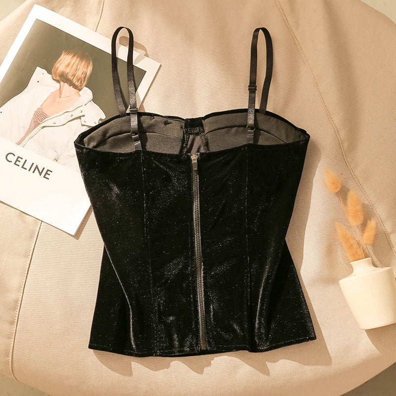 Black Velvet Camisole Women's Suit With Beads Inner Sexy Slim Thin Bel –  Lee Nhi Boutique