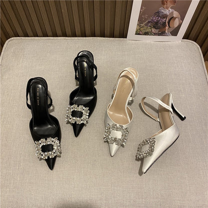 Baotou sandals women's 2022 summer new silk and satin material fairy style pointed toe back empty French high heels women's stiletto