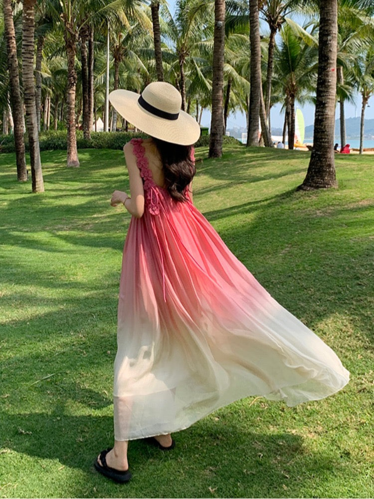 Yunnan Lijiang Travel Photo Beach Dress Sanya Vacation Suspender Dress Pink Gradient Chiffon Dress Super Fairy
