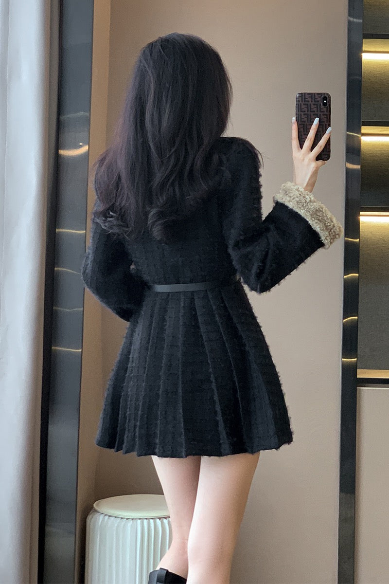 Autumn and winter new 2022 small fragrance black lamb wool dress women's high-end sense French small long-sleeved skirt