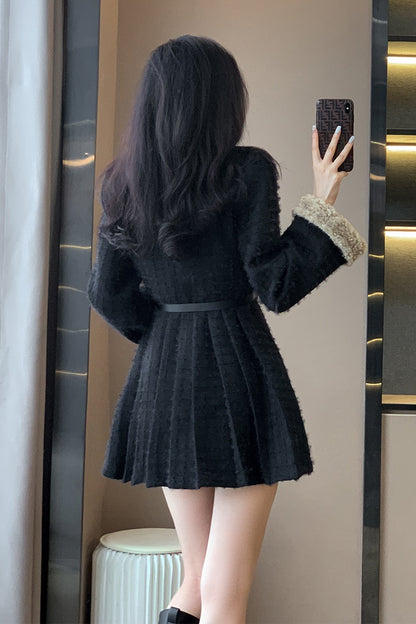 Autumn and winter new 2022 small fragrance black lamb wool dress women's high-end sense French small long-sleeved skirt