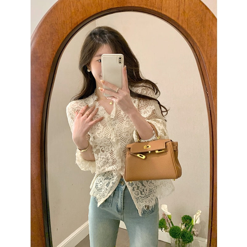 MUKOK French lace shirt women's 2023 spring new foreign style V-neck temperament slimming inner bottoming shirt